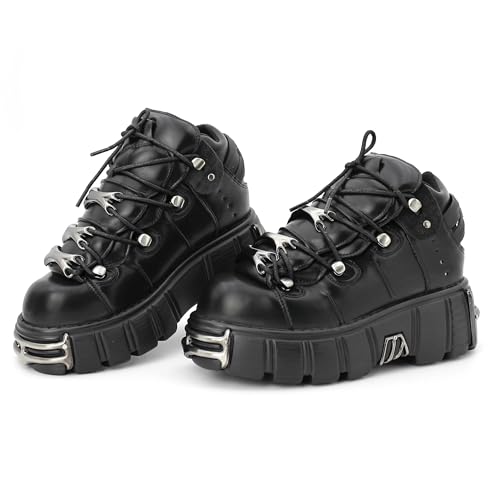 Kluolandi Damen Metall Plateau Goth Stiefel Punk Stil Schnürer Combat Boots Ankle Bootie Schwarz Gothic Biker Boots, Schwarz, 40.5 EU von Kluolandi