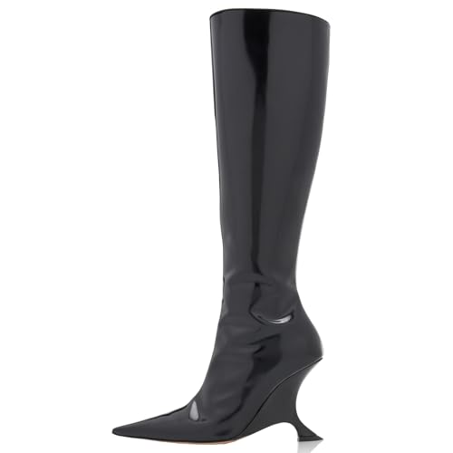 Kluolandi Metallische Stiefel für Damen, kniehoch, skulptureller Keilabsatz, Stiefel mit Reißverschluss und spitzem Zehenbereich, modische Partyschuhe, Schwarz glänzend, 38.5 EU von Kluolandi