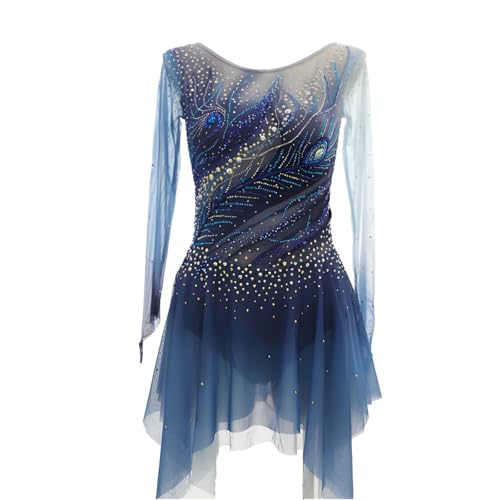 Kmarouse Eiskunstlaufkleid for Mädchen, Rundhalsausschnitt Mit Strasssteinen, Eislaufkleider for Wettkampfauftritte(Blue_XXL) von Kmarouse