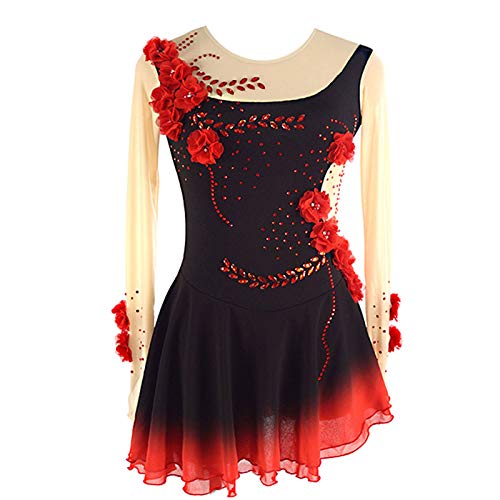 Eiskunstlauf-Kleid-Frauen-Mädchen Eislauf-Performance-Wettbewerb Kostüm Spandex Strass Handgemachte Schwarze Skating tragen Lange Ärmel,Schwarz,M von Kmgjc