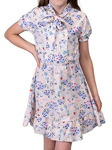 Kmisso Mädchen Kleid Kurze Ärmel Gummibund Vonlantsaum Stehkragen Schleife 30381 Creme 140 von Kmisso