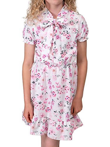 Kmisso Mädchen Kleid Kurze Ärmel Gummibund Vonlantsaum Stehkragen Schleife 30381 Weiß 104 von Kmisso