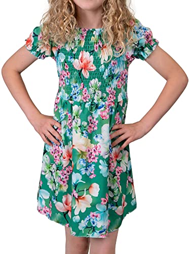 Kmisso Mädchen Kleid Smoked Oberteil Puffärmel schwingender Rock 30382 Dunkelgrün 134 von Kmisso