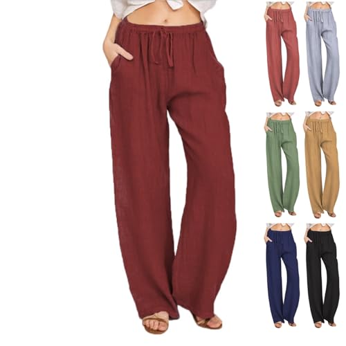 Damen Hose Leinenhose, Sommer Freizeit Hose, Baumwolle Leinen Stoffhose, Elastischem Bund Casual Loose fit Trousers, Lockere Sommerhose mit Weitem Bein (Red,X-Large) von KmoNo