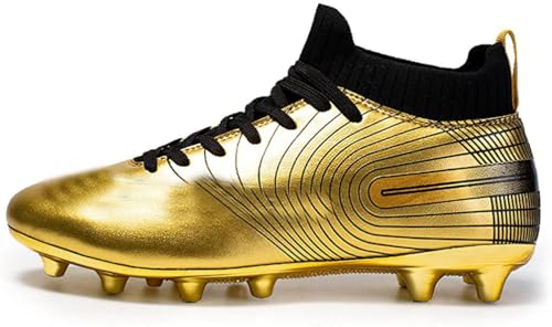 Kmrlofiy Fußballschuhe Herren High Top Spike Cleats Fussballschuhe Kinder Professionelle Outdoor Athletics Fußballschuhe Schnürsenkel Junge Trainingsschuhe Sportschuhe Wettkampf (Gold, 34EU) von Kmrlofiy