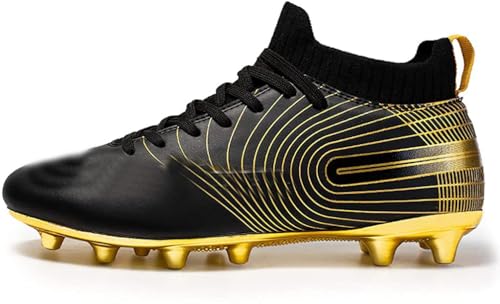 Kmrlofiy Fußballschuhe Herren High Top Spike Cleats Fussballschuhe Kinder Professionelle Outdoor Athletics Fußballschuhe Schnürsenkel Junge Trainingsschuhe Sportschuhe Wettkampf (Schwarz Gold, 35EU) von Kmrlofiy