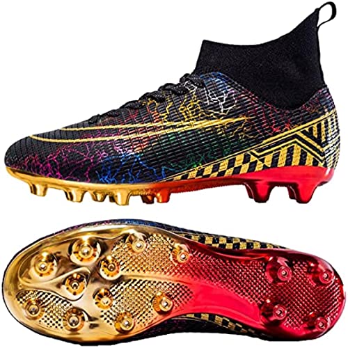 Kmrlofiy Fußballschuhe Herren High Top Spike Cleats Professionelle Fußballschuhe Outdoor Athletics Junge Fussballschuhe Schnürsenkel Trainingsschuhe Sportschuhe Wettkampf (Schwarz Gold, 35EU) von Kmrlofiy