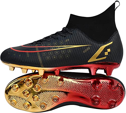 Kmrlofiy Fußballschuhe Herren High Top Spike Cleats Professionelle Fußballschuhe Outdoor Athletics Junge Fussballschuhe Schnürsenkel Trainingsschuhe Sportschuhe Wettkampf (Schwarz Gold X, 34EU) von Kmrlofiy