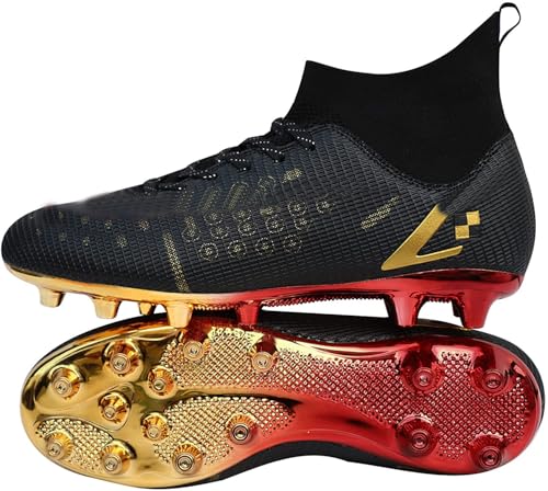 Kmrlofiy Fußballschuhe Herren High Top Spike Cleats Professionelle Fußballschuhe Outdoor Athletics Junge Fussballschuhe Schnürsenkel Trainingsschuhe Sportschuhe Wettkampf (Schwarz Gold X, 36EU) von Kmrlofiy