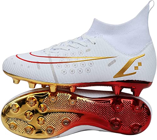 Kmrlofiy Fußballschuhe Herren High Top Spike Cleats Professionelle Fußballschuhe Outdoor Athletics Junge Fussballschuhe Schnürsenkel Trainingsschuhe Sportschuhe Wettkampf (Weiß Gold X, 43EU) von Kmrlofiy