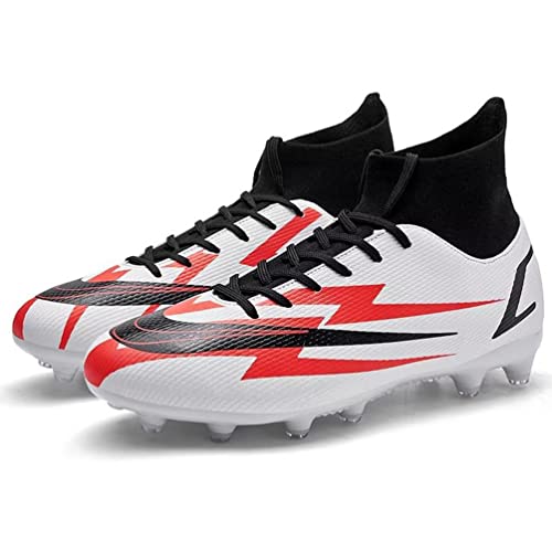 Kmrlofiy Fußballschuhe Herren High Top Spike Cleats Professionelle Fußballschuhe Outdoor Athletics Junge Fussballschuhe Schnürsenkel Trainingsschuhe Sportschuhe Wettkampf (Weiß Rot, 40EU) von Kmrlofiy