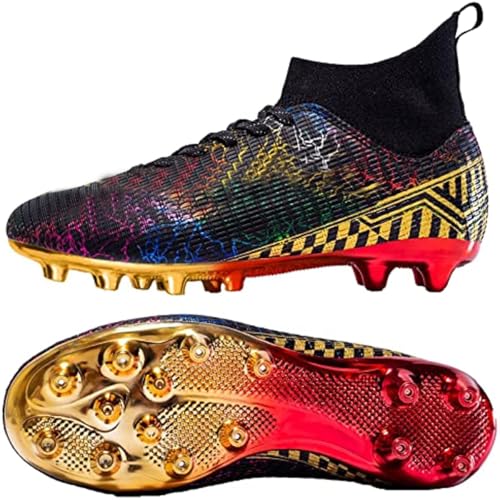 Kmrlofiy Fußballschuhe Herren High Top Spike Cleats Professionelle Fußballschuhe Outdoor Athletics Junge Fussballschuhe Schnürsenkel Trainingsschuhe Sportschuhe Wettkampf (Schwarz Gold, 41EU) von Kmrlofiy