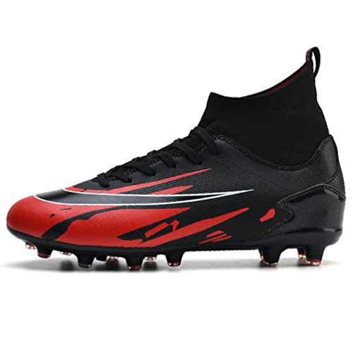 Kmrlofiy Fussballschuhe Herren Professionelle Fußballschuhe High Top Spike Cleats Outdoor Athletics Junge Herren Fußballschuhe Schnürsenkel Sportschuhe Trainingsschuhe (Schwarz Rot, 44) von Kmrlofiy