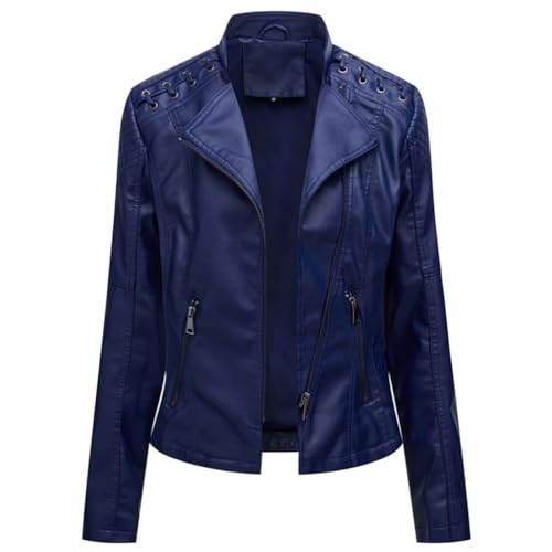 Kmrlofiy Lederjacke Damen Kunstlederjacke PU Leder Jacke Übergangsjacke Frühling Herbst Bekleidung Mode Female Kunstlederjacke Kurz Moto Biker Mantel Motorradjacke mit Reißverschluss (Blau, 4XL) von Kmrlofiy