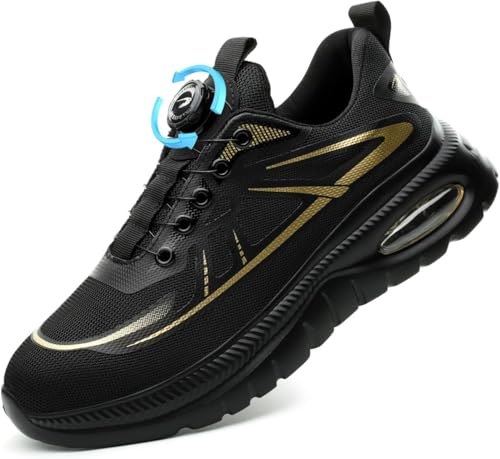 Kmrlofiy Sicherheitsschuhe Arbeitsschuhe Herren Damen Bequem Stahlkappenschuhe Drehverschluss Leicht Atmungsaktiv Sportliche Industrielle Schutzschuhe rutschfeste (Schwarz 4, 41EU) von Kmrlofiy