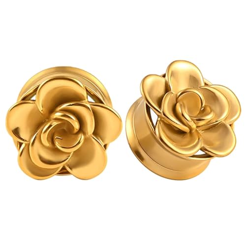 KnBoB 1 Paar Ohr Tunnel Damen 6MM Edelstahl Gold Blumen Flesh Tunnel Piercing Expander Ear Tunnel von KnBoB