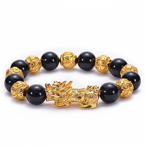 KnBoB 10MM Perlen Armband für Herren Damen, Legierung Gold Glück Pixiu Mantra Achat Naturstein Schmuck Armbänder 17 CM von KnBoB