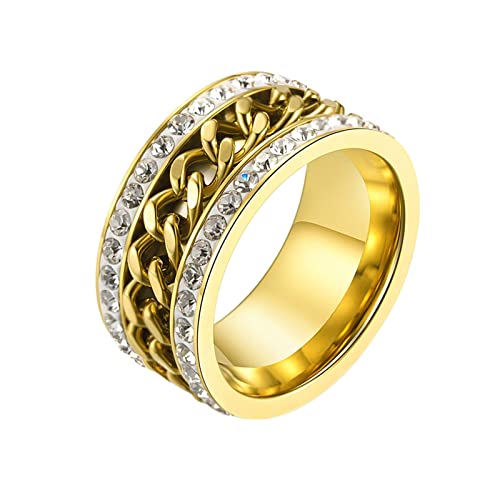 KnBoB 11MM Ringe für Herren, Gold Ketten Spinner Angst Ring mit Weiß Zirkonia Edelstahl Fidget Ring Größe 54 (17.2) von KnBoB