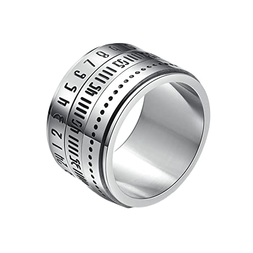KnBoB 14MM Mode Ring Herren, Silber Ziffern Breit Spinner Ring Edelstahl Fidget Ring Größe 70 (22.3) von KnBoB