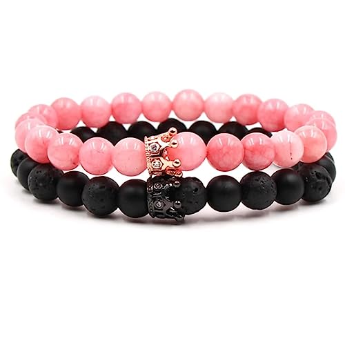 KnBoB 2 Stück 8MM Perlen Armband Frauen, Legierung Schwarz Krone Lavastein Zirkonia Stretch Modeschmuck Armbänder 19 cm von KnBoB
