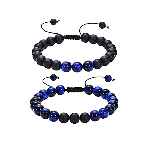 KnBoB 2 Stück 8MM Perlen Armband für Herren Damen, Schwarz Blau Stil 3 Verstellbar Naturstein Tigerauge Armbänder 17 CM von KnBoB