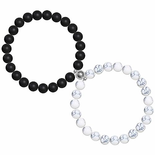 KnBoB 2 Stück Armband Perlen für Herren Damen, Schwarz Weiß Elegant Zirkonia Naturstein Kristall Schmuck Armbänder 19 cm von KnBoB