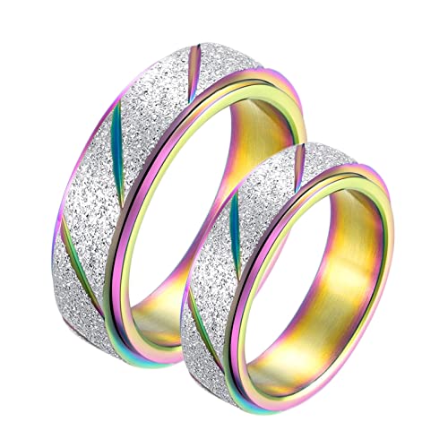 KnBoB 2 Stück Edelstahl Ring Pärchen, 6MM Partnerringe Gay Bunt Regenbogen Spinner Ring Matt Rechts Gr.65 (20.7) & Links Gr.57 (18.1) von KnBoB