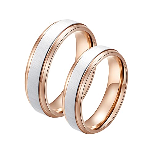 KnBoB 2 Stück Partner Ringe Personalisiert, 6MM Paar Ringe Edelstahl Silber Rose Gold Gebürstet Ring Damen Gr.62 (19.7) & Herren Gr.62 (19.7) von KnBoB