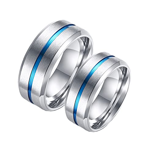 KnBoB 2 Stück Partnerringe Schmuck Personalisiert, 8MM Paar Ringe Edelstahl Blau Silber Gebürstet Ring Damen Gr.54 (17.2) & Herren Gr.67 (21.3) von KnBoB