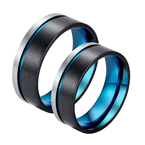 KnBoB 2 Stück Ring Paar, 8MM Partnerringe Edelstahl Silber Schwarz Blau Tricolor Gebürstet Ring Damen Gr.54 (17.2) & Herren Gr.54 (17.2) von KnBoB
