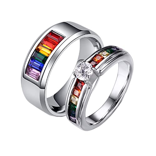 KnBoB 2 Stück Ring Paar Personalisiert, 4MM Partnerringe Gay Edelstahl Silber LGBT Regenbogen Zirkonia Rechts Gr.57 (18.1) & Links Gr.54 (17.2) von KnBoB
