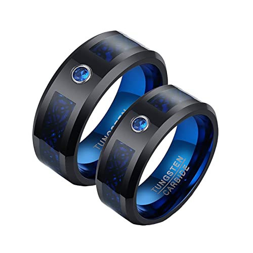 KnBoB 2 Stück Ring Pärchen Personalisiert, 8MM Wolfram Schwarz Blau Wolframcarbid Rund Zirkonia Damen Gr.57 (18.1) & Herren Gr.60 (19.1) von KnBoB