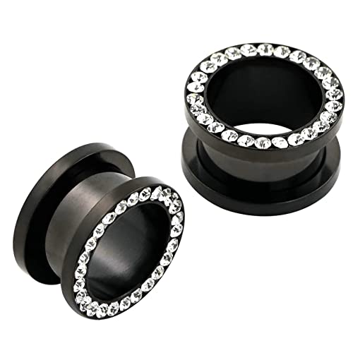 KnBoB 2 Stück Tunnel Ohr Damen 8MM Edelstahl Schwarz mit Weiß Rund Zirkonia Flesh Tunnel Piercing Expander Herren von KnBoB