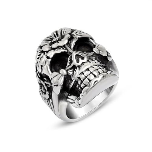 KnBoB 25.3MM Edelstahl Herren Ring Silber Vintage Totenkopf mit Blume Mode Schmuck Ring Größe 57 (18.1) von KnBoB