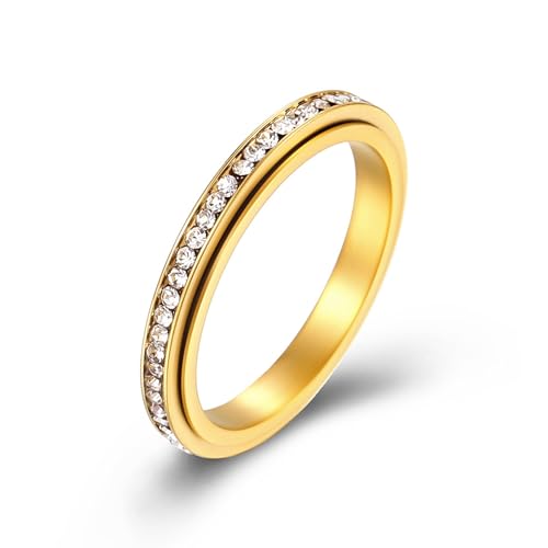 KnBoB 3MM Edelstahl Damen Ring Gold Spinner Schlicht mit Weiß Rund Zirkonia Schmuck Angst Ring Größe 57 (18.1) von KnBoB
