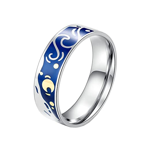 KnBoB 4.7MM Ring Männer Schlicht, Blau Silber Ölgemälde Sternenhimmel Mond Edelstahl Verlobungsring für Herren Größe 54 (17.2) von KnBoB