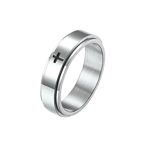 KnBoB 6MM Ring Männer, Silber Kreuz Spinner Ring Edelstahl Anxiety Ring für Herren Damen Größe 65 (20.7) von KnBoB