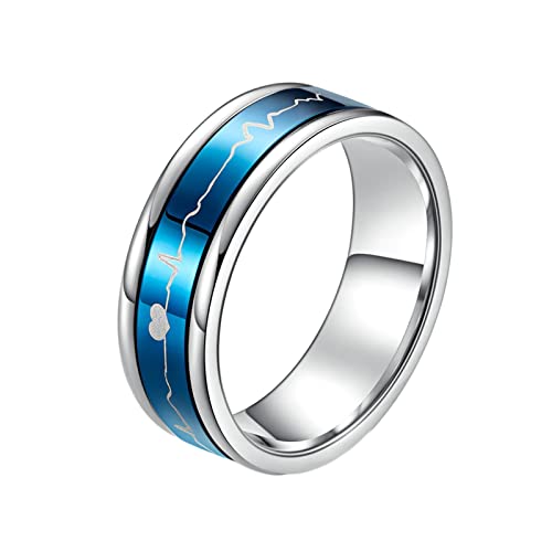 KnBoB 7MM Herren Ringe Edelstahl, Blau Herzschlag Spinner Angst Ring Fidget Ring Größe 60 (19.1) von KnBoB