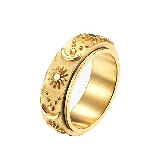 KnBoB 8MM Anxiety Ring, Gold Stern Mond Sonne Spinner Ring Edelstahl Fidget Ring für Herren Größe 67 (21.3) von KnBoB