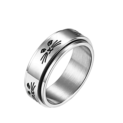 KnBoB 8MM Anxiety Ring, Silber Katze Angst Ring Edelstahl Fidget Ring für Herren Größe 62 (19.7) von KnBoB