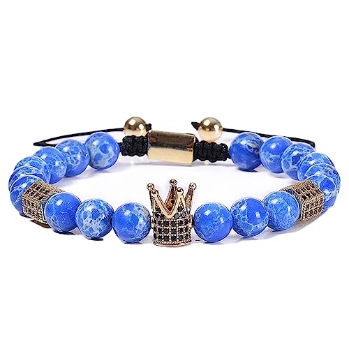 KnBoB 8MM Armbänder Perlen Herren Damen, Legierung Blau Mit Gold Krone Lavastein Naturstein Modeschmuck Armband 18 CM von KnBoB