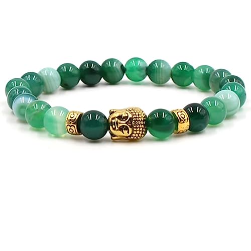 KnBoB 8MM Armbänder Perlen Herren Damen, Legierung Grün Gold Buddha Achat Naturstein Stretch Modeschmuck Armband 19 CM von KnBoB