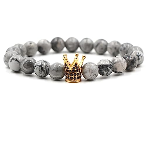 KnBoB 8MM Armbänder Perlen für Damen Herren, Schwarz Krone aus Achat Stein Schmuck Armband 19 CM von KnBoB