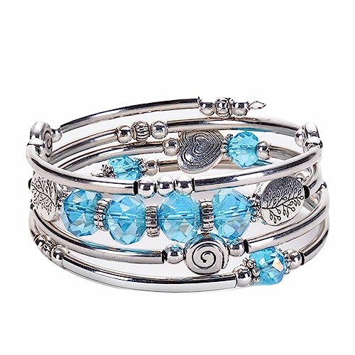 KnBoB 8MM Armband Perlen Damen, Edelstahl Blau Kristall Perle Lebensbaum Mehrfach Kreis Zirkonia Naturstein 19 CM von KnBoB