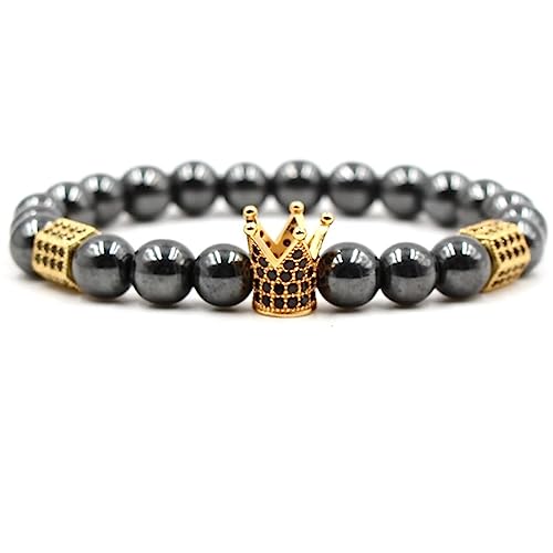 KnBoB 8MM Armband Perlen für Herren Damen, Legierung Schwarz Gold Krone Zirkonia Stretch Schmuck Armbänder 19 cm von KnBoB