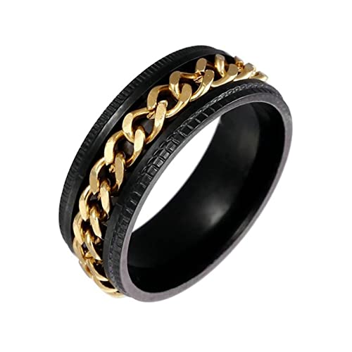 KnBoB 8MM Edelstahlring Einfach, Schwarz Gold Panzerkette Ketten Spinner Ring Fidget Ring für Herren Größe 70 (22.3) von KnBoB