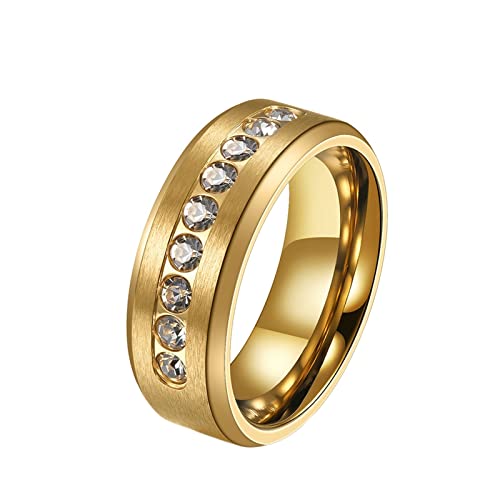 KnBoB 8MM Edelstahlring Ringe, Gold Einfach Strass mit Weiß Zirkonia Hochzeit Ringe für Herren Größe 65 (20.7) von KnBoB