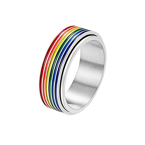 KnBoB 8MM Fidget Ring Edelstahl, Silber Regenbogen Flaggen Spinner Ring Anxiety Ring für Herren Größe 57 (18.1) von KnBoB