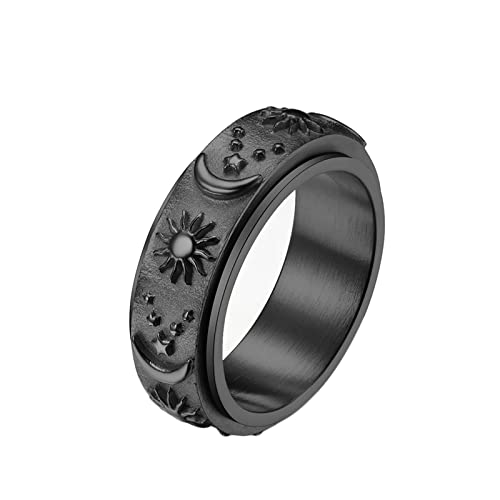 KnBoB 8MM Herren Finger Ringe Edelstahl, Schwarz Stern Mond Sonne Spinner Ring Anti Stress Ring Größe 52 (16.6) von KnBoB