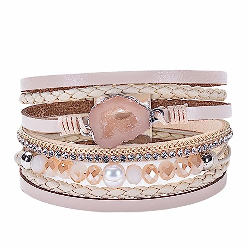 KnBoB 8MM Perlen Armband für Herren Damen, Edelstahl Beige Mehrschichtiges Leder Zirkonia Naturstein Schmuck Armbänder 19 cm von KnBoB